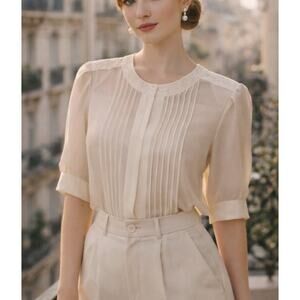 VTG Jordan NY Embroidered Floral Collar Pleated Blouse 8 Cream Romantic Coquette